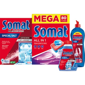 Pachet consumabile pentru masina de spalat vase SOMAT: Detergent All In One, 80 tablete + Sare dedurizanta, 1.5 kg + Solutie de clatire, 750 ml + Solutie curatare, 250 ml