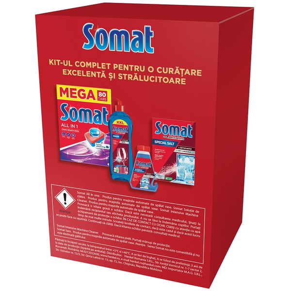 Pachet consumabile pentru masina de spalat vase SOMAT: Detergent All In One, 80 tablete + Sare dedurizanta, 1.5 kg + Solutie de clatire, 750 ml + Solutie curatare, 250 ml