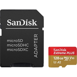 Card de memorie SANDISK Extreme Plus microSDXC UHS-I, 128GB, 200MB/s, C10, U3, V30, A2, adaptor