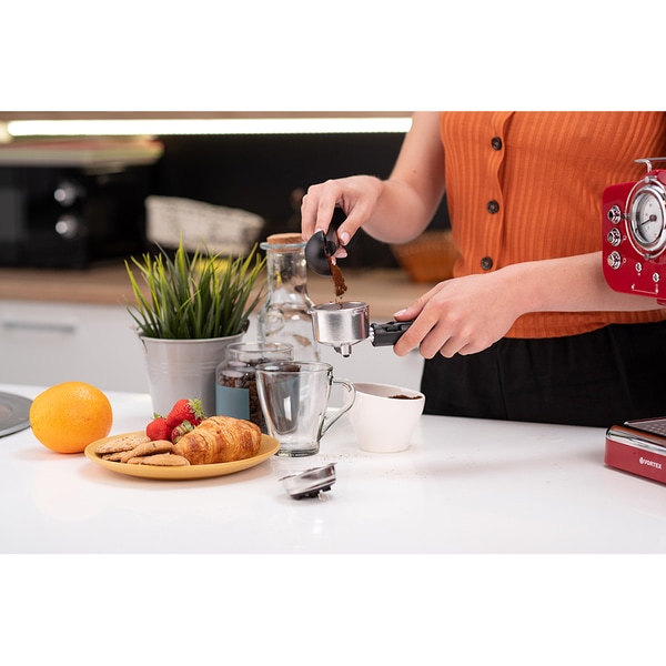 Espressor manual VORTEX VO4016, 1.25l, 1100W, 15 bar, rosu-argintiu