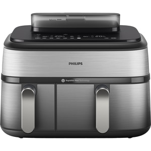 Friteuza cu aer cald dubla PHILIPS Seria 5000 NA555/00, 3kg, 9l, 2750W, functie Air Steam, argintiu-negru