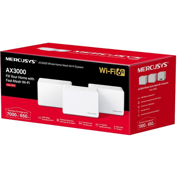 Sistem Wi-Fi Mesh MERCUSYS Halo H80X AX3000, Wi-Fi 6, Dual-Band 574 + 2402 Mbps, 3 buc, alb