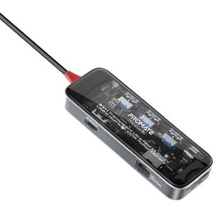 Hub USB Type-C 9 in 1 PROMATE TransHub-Go, USB 3.0, HDMI, RJ-45, SD/MicroSD, transparent