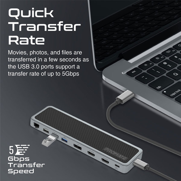 Hub USB Type-C PROMATE ApexHub-MST, USB 3.0, Ethernet, HDMI, Display Port, SD, gri