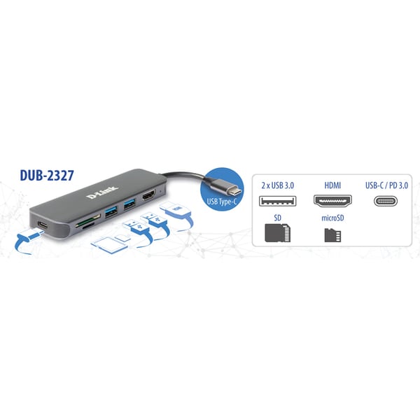Hub USB D-LINK DUB-2327, USB-C, USB 3.0, HDMI, negru
