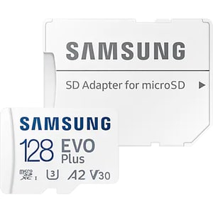 Card de memorie SAMSUNG EVO Plus, microSDXC, 128GB, 130MB/s, clasa 10/U3/V30/A2, UHS-I, adaptor