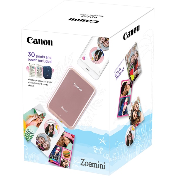 Kit Imprimanta foto portabila CANON Zoemini, Bluetooth, roz + 1 pachet hartie 20 coli + 1 pachet hartie rotunda 10 coli + husa