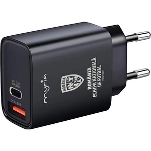 Incarcator retea MYRIA Echipa Nationala de Fotbal MY9092FRF, 1x USB-A, 1x USB-C, Power Delivery (PD) 30W, negru