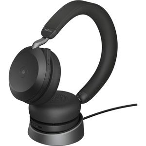 Casti Wireless teleconferinta JABRA Evolve2 75, Link 380/390A Stand incarcare, Stereo, Noise Cancelling, Bluetooth, USB-C, negru