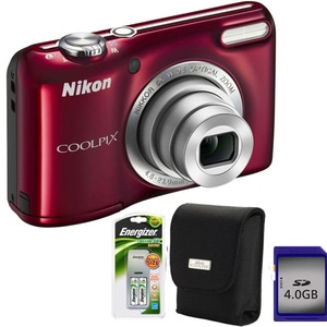 Camera foto digitala NIKON Coolpix L27, 16.1 Mp, 5x, 2.7 inch, rosu + geanta + incarcator + card SD 4GB