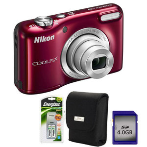 Camera foto digitala NIKON Coolpix L29, 16.1 Mp, 5x, 2.7 inch, rosu + geanta + incarcator + card SD 4GB