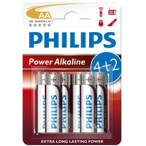 Baterii alcaline AA PHILIPS LR6P6BP/10, 4+2 bucati