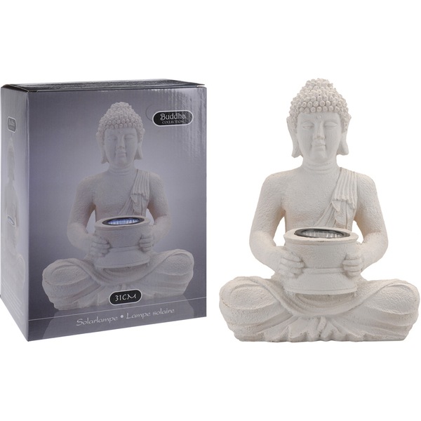 Decoratiune gradina Buddha, incarcare solara, 21 x 14 x 28 cm, alb