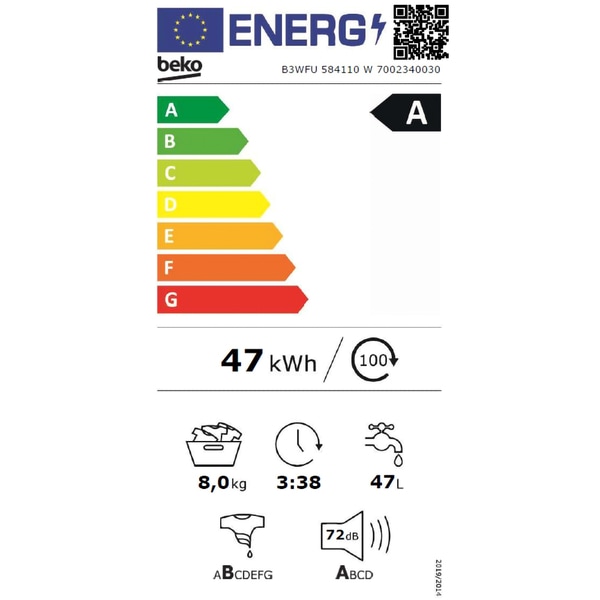 Masina de spalat rufe frontala BEKO B3WFU584110W, SteamCure, 8 kg, 1400rpm, Clasa A, alb