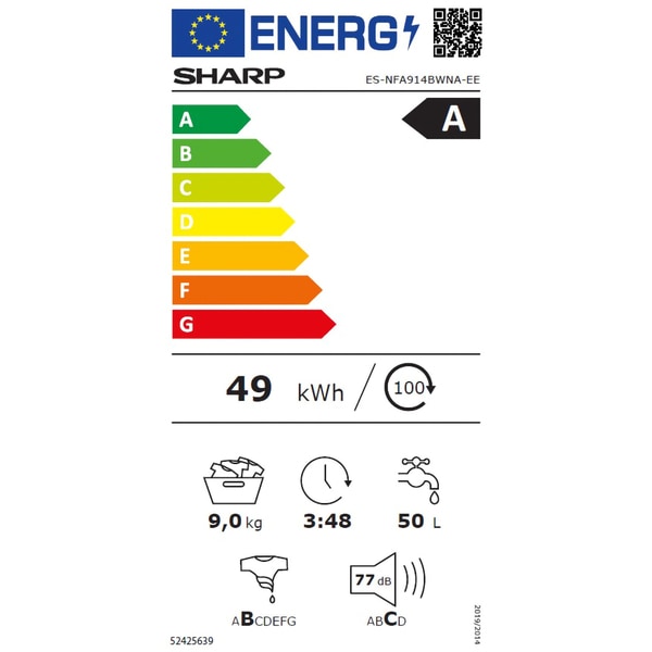 Masina de spalat rufe frontala SHARP ES-NFA914BWNA-EE, AllergySmart, 9 kg, 1400rpm, Clasa A, alb