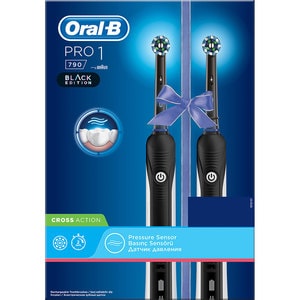 Set 2 Periute de dinti electrice ORAL-B PRO 1 790 Cross Action, 40000 pulsatii/min, 1 program, 2 capete, alb-negru