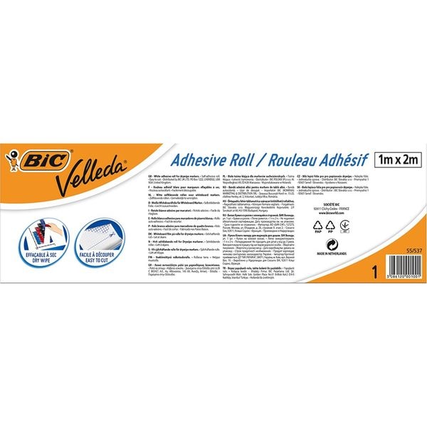 BIC Velleda Adhesive Dry Wipe Roll 100 x 200 cm - White, 1 Roll BIC