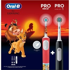 Set Periuta de dinti electrica pentru copii ORAL-B Pro Lion King, 20000 pulsatii/min, Curatare 2D, 2 programe, 1 capat, rosu + Periuta de dinti electrica ORAL-B Pro 1, 1 capat, negru