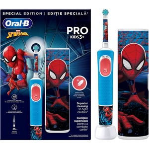 Periuta de dinti electrica copii ORAL-B Pro Kids Spiderman, 7600 miscari/min, Curatare 2D, 2 programe, 1 capat, albastru