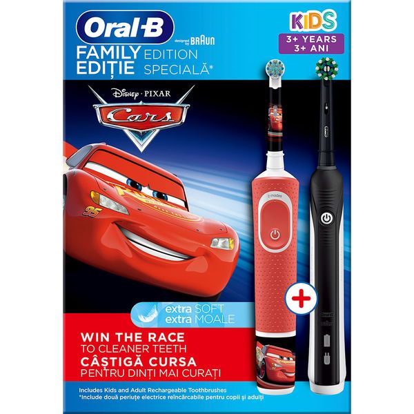 Set Periuta de dinti electrica ORAL-B Family Edition, 2 programe, 40000 pulsatii/min, 2 capete + Periuta de dinti electrica pentru copii ORAL-B Cars