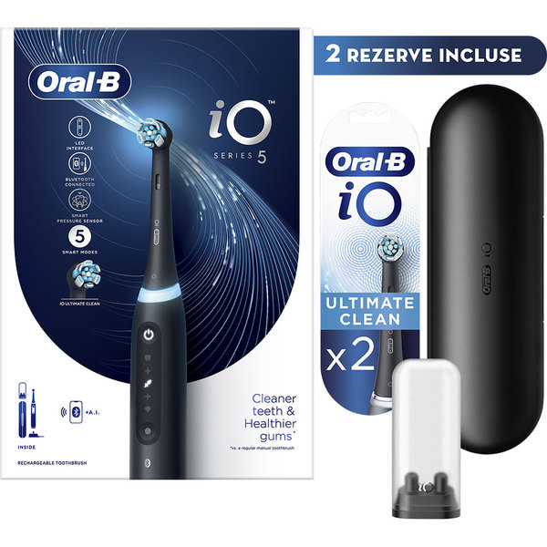 Set Periuta de dinti electrica ORAL-B iO5, 40000 pulsatii/min, Bluetooth, 5 programe, 1 capat, negru + Rezerve Oral-B iO Ultimate Clean, 2 bucati