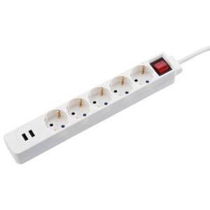 Prelungitor HAMA 9137350, 5 prize Schuko, 1.4m, 2 x USB, alb