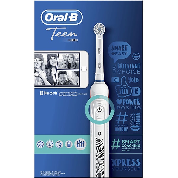 Periuta de dinti electrica copii Oral-B Teen, Bluetooth, 40000 pulsatii/min, Curatare 3D, 3 programe, 2 capate, alb