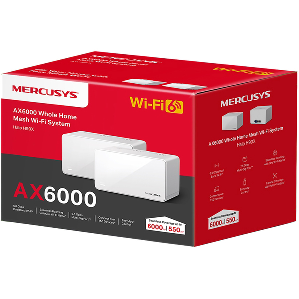 Sistem Wi-Fi Mesh MERCUSYS Halo H90X AX6000, Wi-Fi 6, Dual-Band 1148 + 4804 Mbps, 2 buc, alb