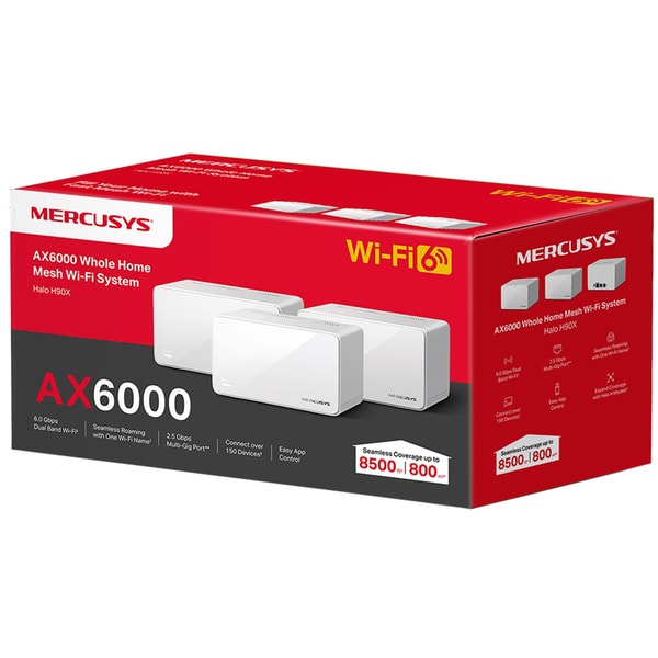 Sistem Wi-Fi Mesh MERCUSYS Halo H90X AX6000, Wi-Fi 6, Dual-Band 1148 + 4804 Mbps, 3 buc, alb
