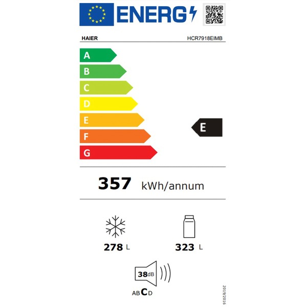 Side by Side HAIER HCR7918EIMB, No Frost, 601 l, H 177 cm, Clasa E, Dozator apa, negru