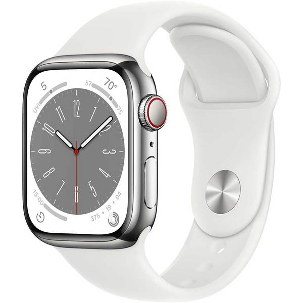 APPLE Watch Series 8, GPS + Cellular, 45mm Silver Stainless Steel Case, White Sport Band