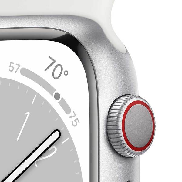 APPLE Watch Series 8, GPS + Cellular, 41mm Silver Aluminium Case, White Sport Band