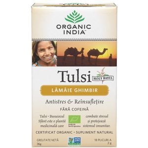 Ceai ORGANIC INDIA Tulsi Lamaie si Ghimbir, 18 plicuri, 36g