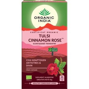 Ceai ORGANIC INDIA Tulsi Scortisoara si Trandafiri, 25 plicuri, 45g