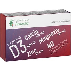 Supliment Ca+Mg+Zn+D3, 40 comprimate, LABORATOARELE REMEDIA