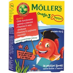Supliment alimentar Pestisori gumati cu Omega 3, aroma de capsuni, 36 jeleuri, MOLLERS