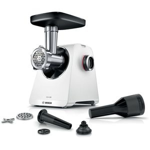 Masina de tocat carne BOSCH Seria 6 MultiPower MFWS607W, 3.5kg/min, 2100W, accesoriu carnati, alb-negru