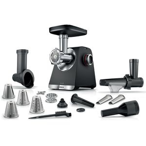 Masina de tocat carne BOSCH Seria 6 MultiPower MFWS660B, 3.5kg/min, 2100W, accesoriu carnati/strorcator fructe, negru-argintiu