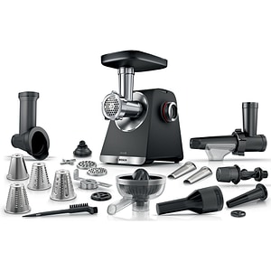 Masina de tocat carne BOSCH ProPower MFWS682B, 3.5kg/min, 2100W, accesoriu carnati/fursecuri/storcator citrice, negru-argintiu