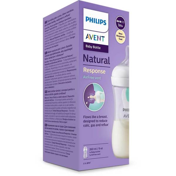 Biberon cu dispozitiv anticolici PHILIPS AVENT Natural Response Airfree  SCY673/01, flux mediu, 1 luna+, 260ml