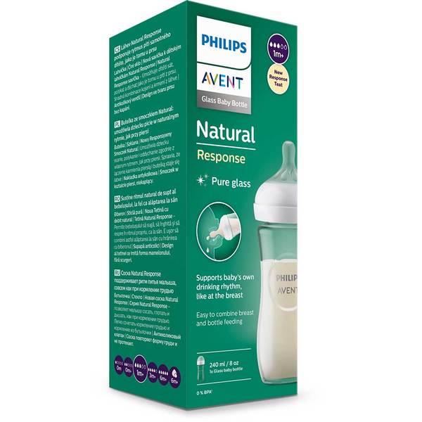 Biberon PHILIPS AVENT Natural Response SCY933/01, flux lent, 1 luna+, 240ml,  alb-transparent