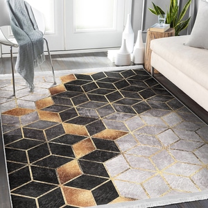 Covor living / dormitor Unique Honey, 80 x 150 cm, poliester, negru-auriu