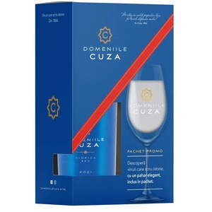Pachet Vin alb sec Domeniile Cuza Viorica, 0.75L + 1 pahar